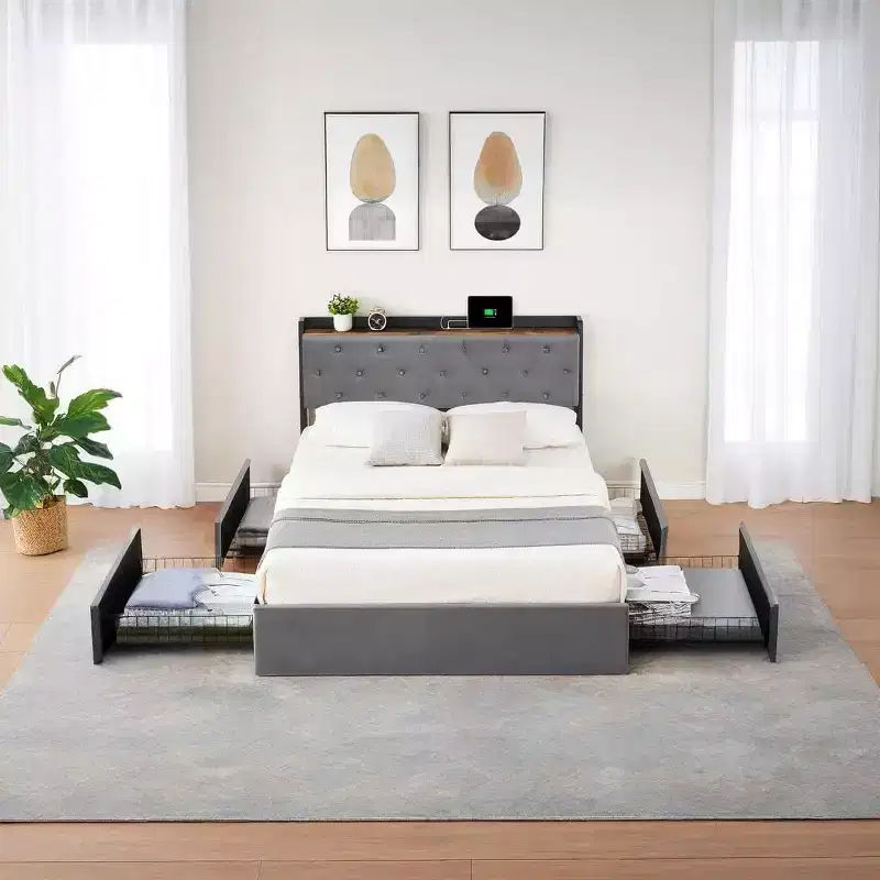 Bed Frame with Charging Station Upholstered Headboard & 4 Storage Drawers, With Wooden Slats Support, No Box Spring Needed