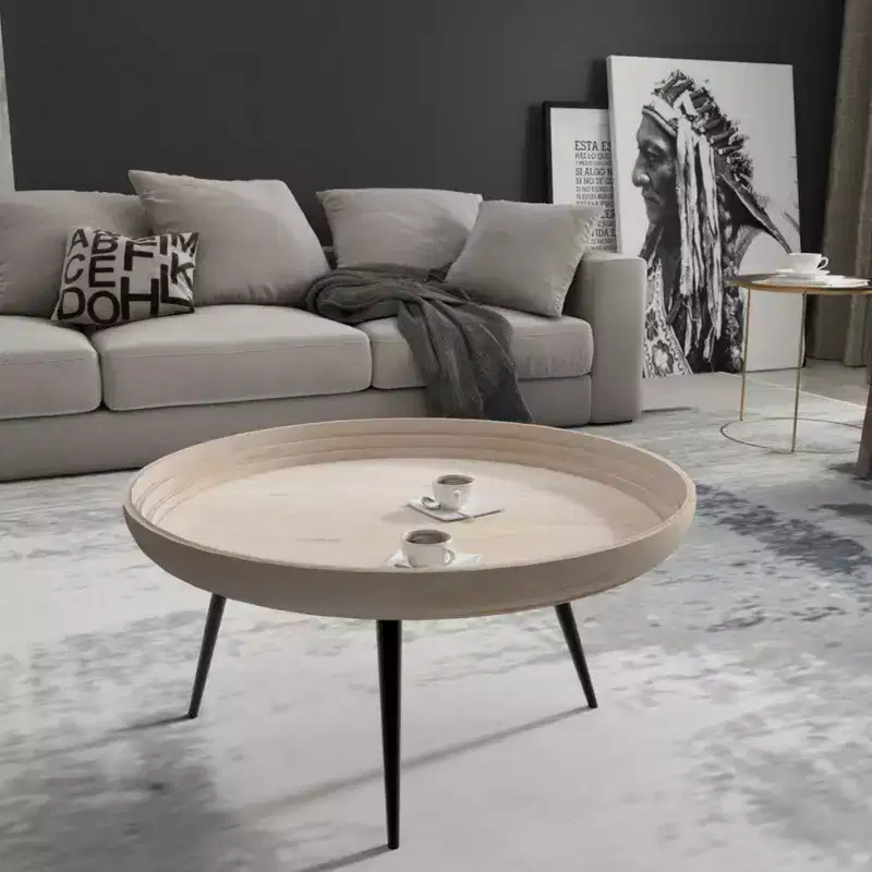 Coffee Table Round Tray Top Handcrafted Washed White Mango Wood, 30 Inch