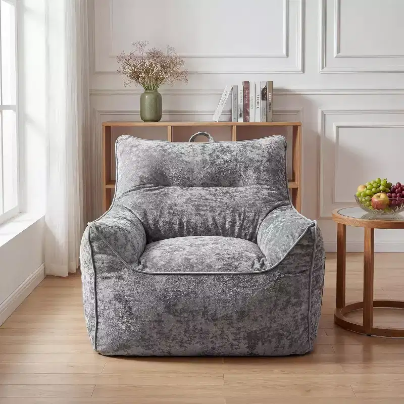 Gray/White Chenille Bean Bag Lounge Chair with Back Support, Single Seat, for Adults & Kids