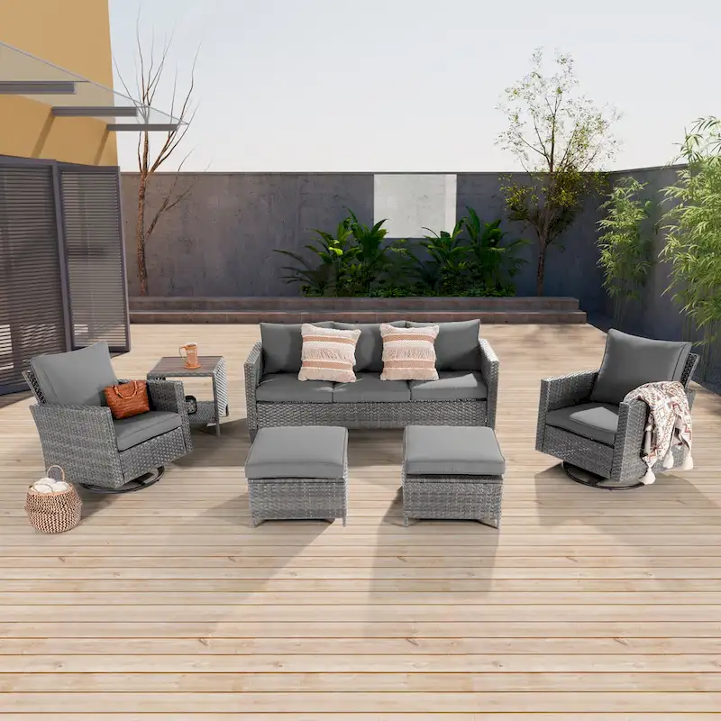 LIVOOSUN Patio 6Pcs Furniture Conversation Gray Rattan Swivel Rocking Sofa Set