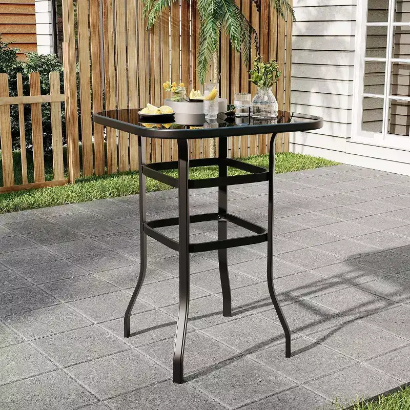 Acekool Patio Bar Height Table, Square Tempered Glass Top Outdoor Pub Bistro Table, High Top Patio Side Table for Balcony Backyard Poolside Garden