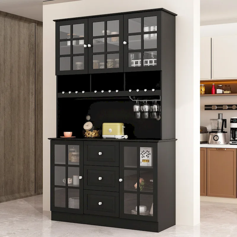 78.9Pantry Buffet White Buffet with Wine Glass Rack Drawer and Hutch