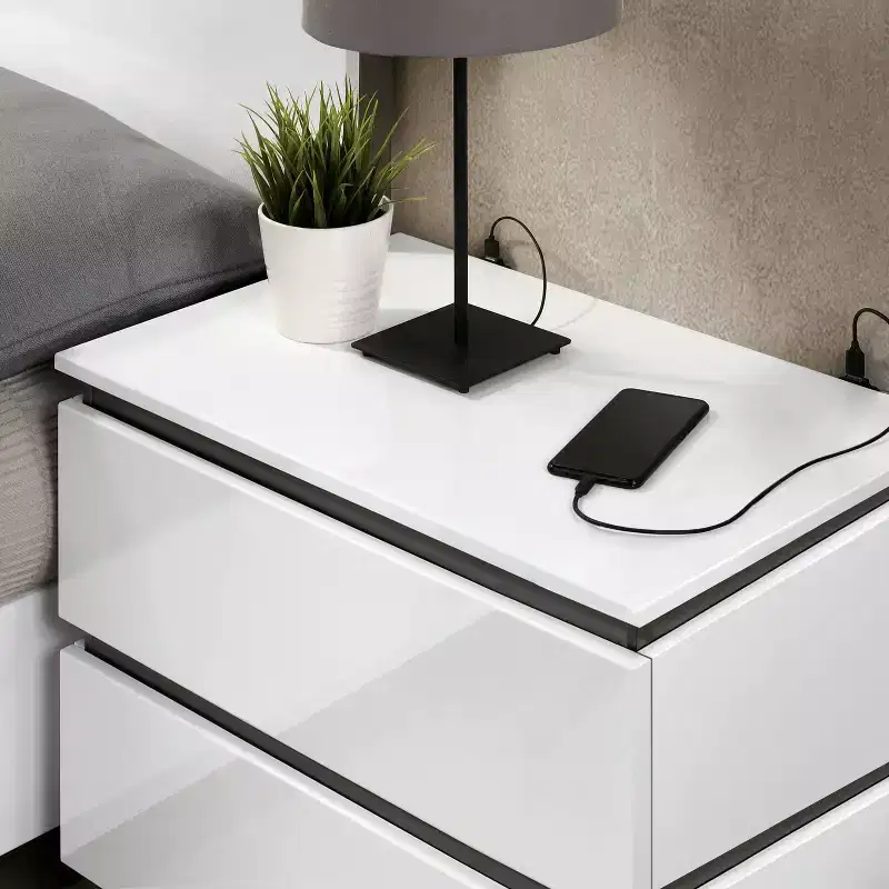 2 Drawer Nightstand with USB Ports, White/Metallic Gray