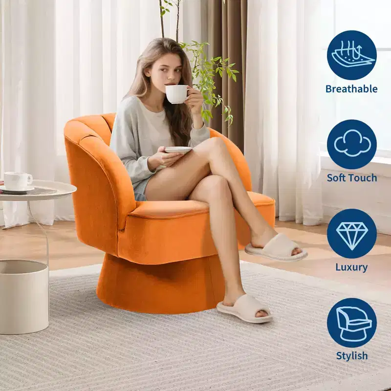 Modern 360 Swivel Barrel Accent Chair, Velvet Upholstered Lounge Chair with Plush Padding, Morandi Orange