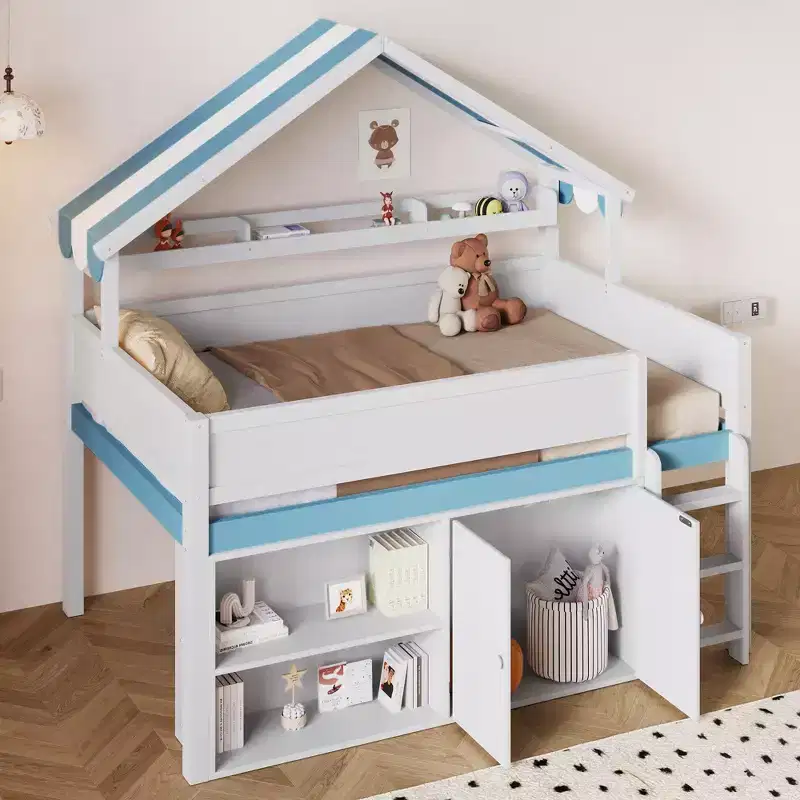 Full Size Loft Bed with Storage Cabinet & Shelves, Full Wood Playhouse Loft Bed Frame with Canopy Roof