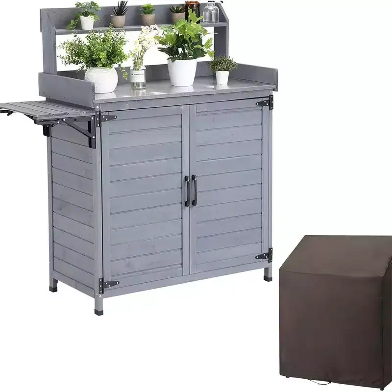 Garvee Outdoor Potting Bench Table Storage Cabinet, Work Bench with Storage Shelf & Galvanized Tabletop,Gray