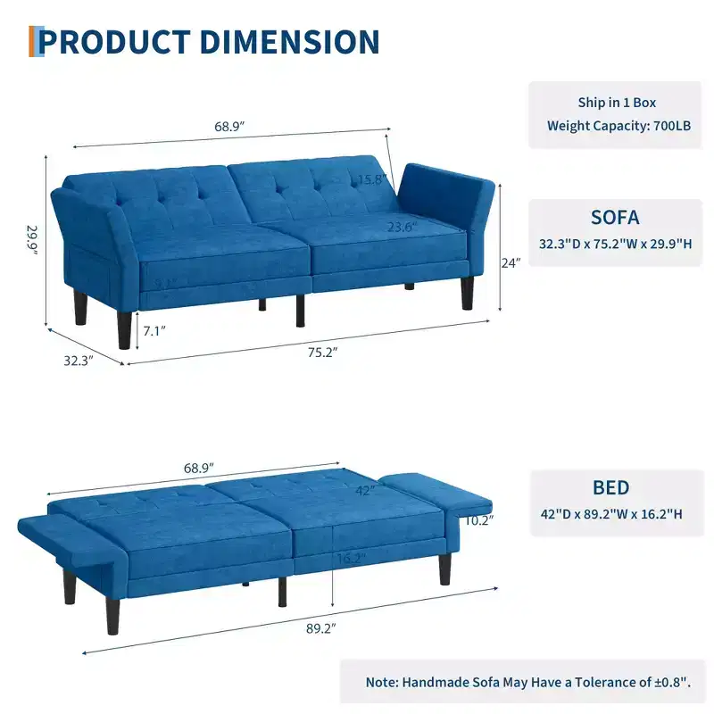 89 Inch Futon Sofa Bed with Adjustable Backrest and Armrests, Convertible Sleeper Couch for Living Room, Bedroom, and Apartments
