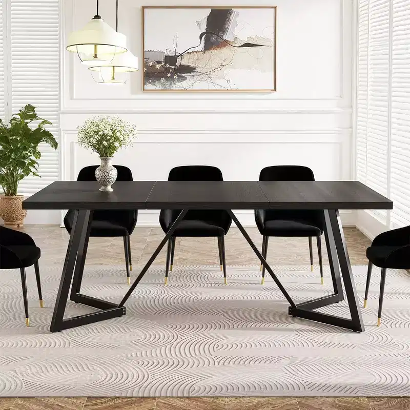 70.96 Inch Modern Dining Table Black Brown Wood Grain MDF Top Metal Iron Legs