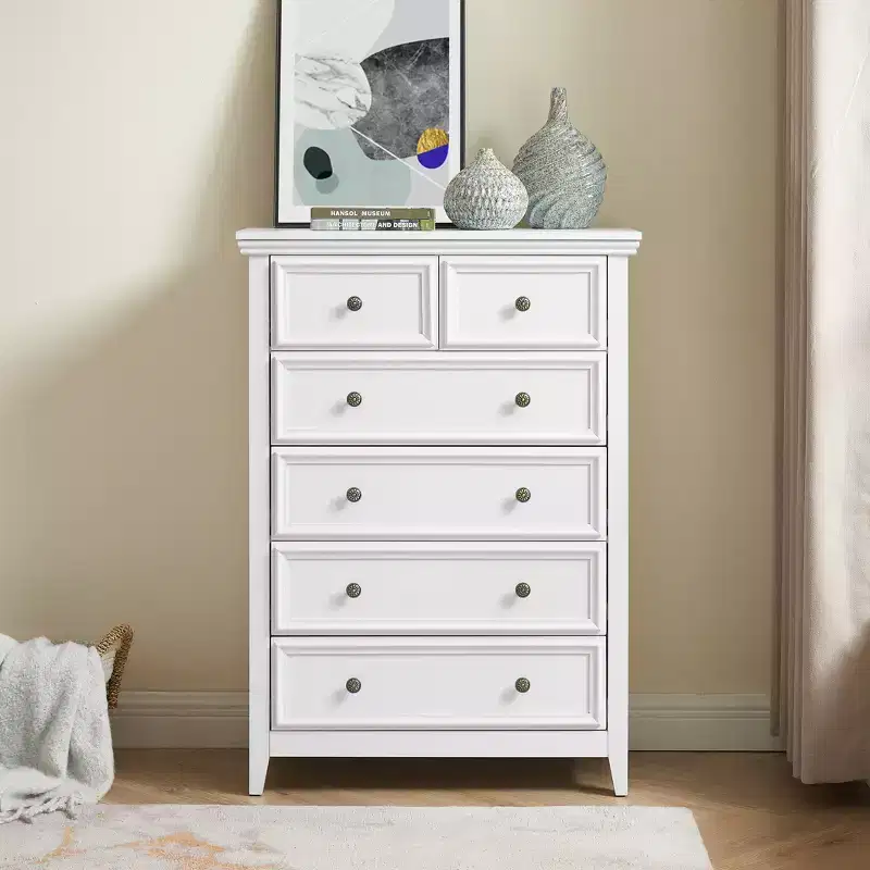 Modern 6 Drawer Dresser with Vintage Carved Flower Handle, for Farmhouse Organizer