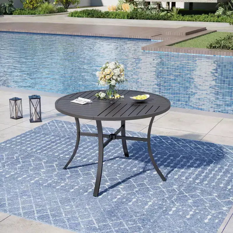 Captiva Designs 5pc Patio Slat-top Round Steel Dining Table & Beige Rattan Chairs with Thick Cushions