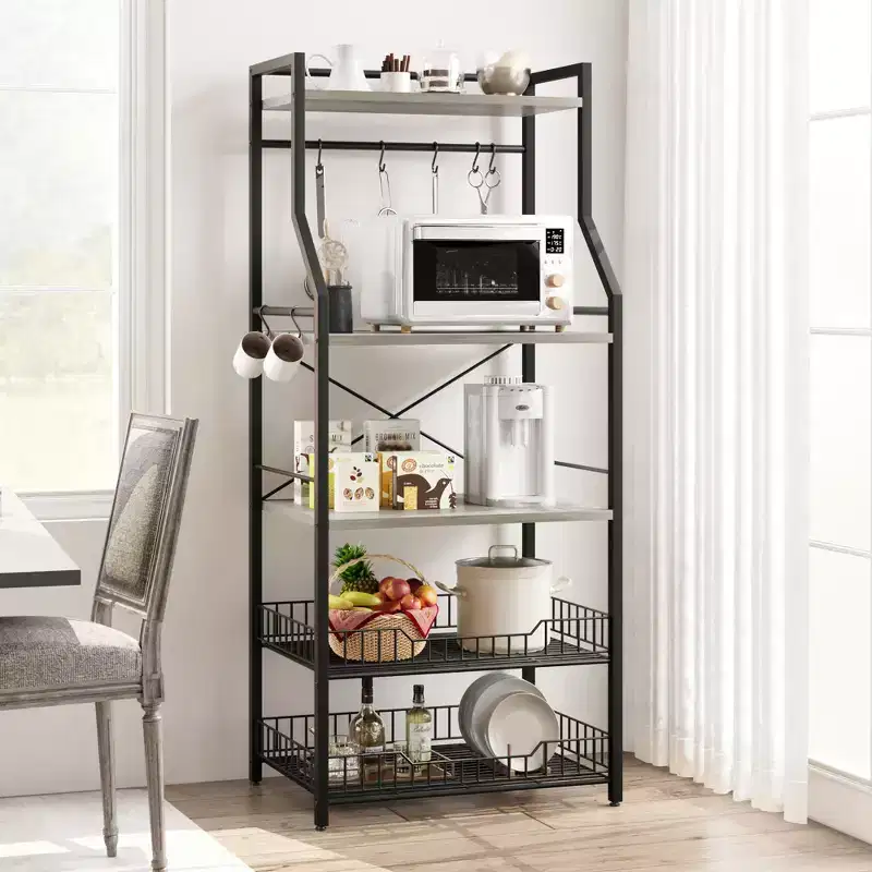 Freestanding Kitchen Bakers Rack, 5 Tier Microwave Stand with Wire Basket & Adjustable Feet, 50.7'' Tall Industrial Coffee Bar Statio