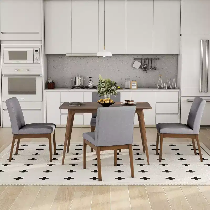 5 Piece Dining Table Set Dining Set Kitchen Table Set with 4 Upholstered Chairs, Mid-Century Modern, Beige/Gray+Walnut-ModernLuxe