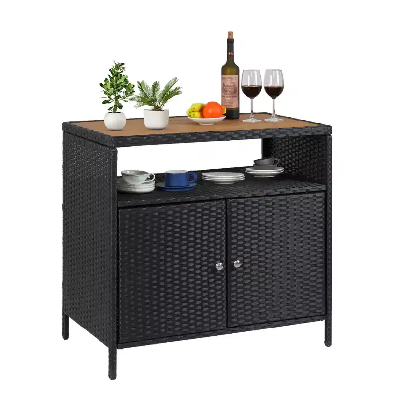 Garvee Patio Outdoor Wicker Storage Cabinet with Shelf,Powder Coated Steel,Patio Bar Table with 2-Door,All Weather Resin Wicker