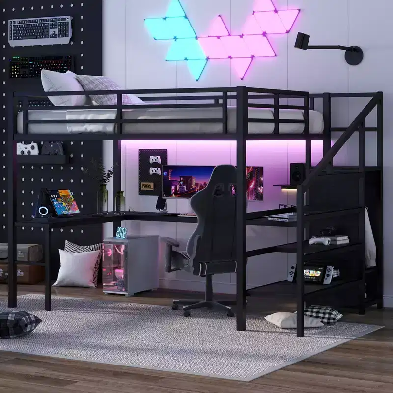 Queen Loft Bed with LED, L-shaped Desk and USB,Metal Loft Bed with Wardrobe and Adjustable Shelf for Kids,Teens and Adults
