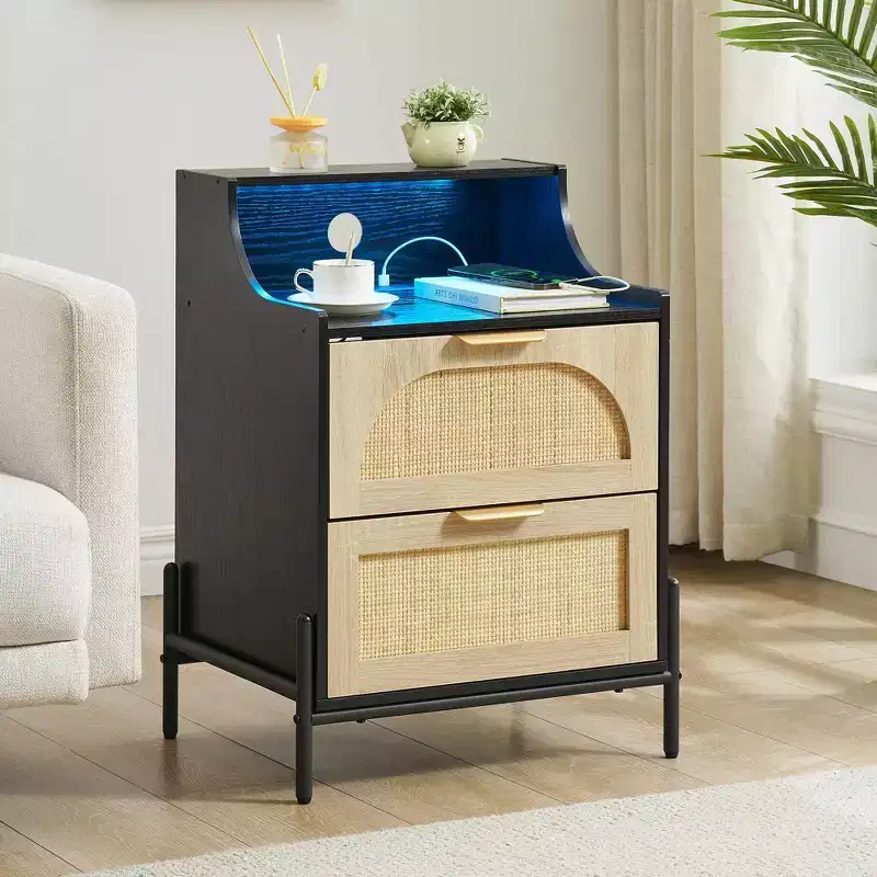 Wooden Nightstand Set of 2 with Rattan Drawer and Charging Station