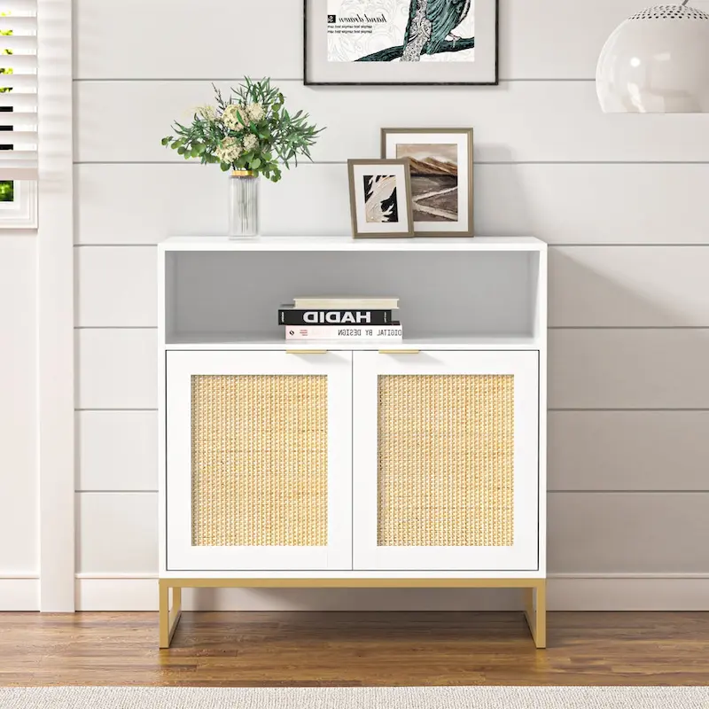 Modern 2-Door White Rattan Buffet Sideboard with Adjustable Shelf, Particle Board 31.5x15.7x31.9