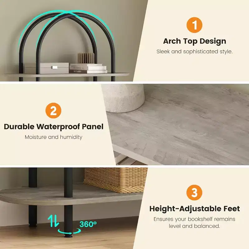 71 Arched Bookshelf 2PCs,5 Tier Bookcase Open Bookshelf with Metal Frame, Freestanding Display Rack for Living Room Home Office