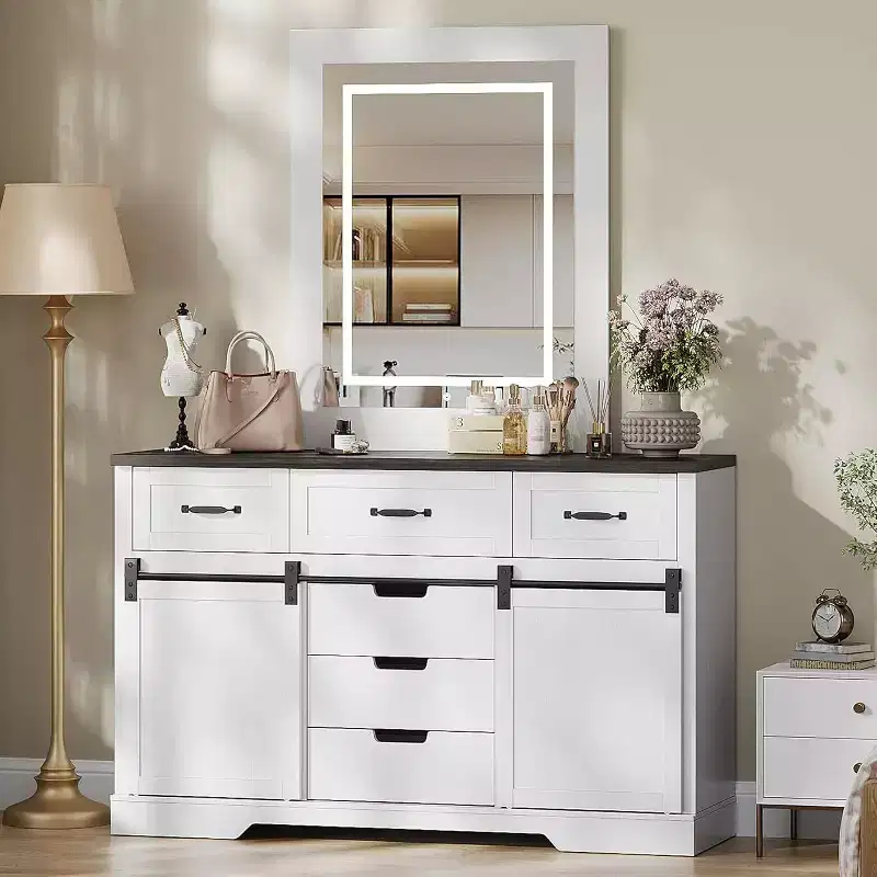 Brown White 6-Drawer Dresser with Sliding Barn Doors – 1 Person