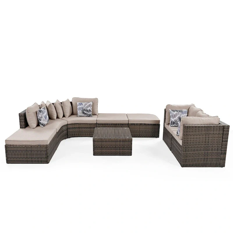8-Piece Outdoor Brown Wicker Conversation Sofa Set with Beige Cushions and Colorful Pillows