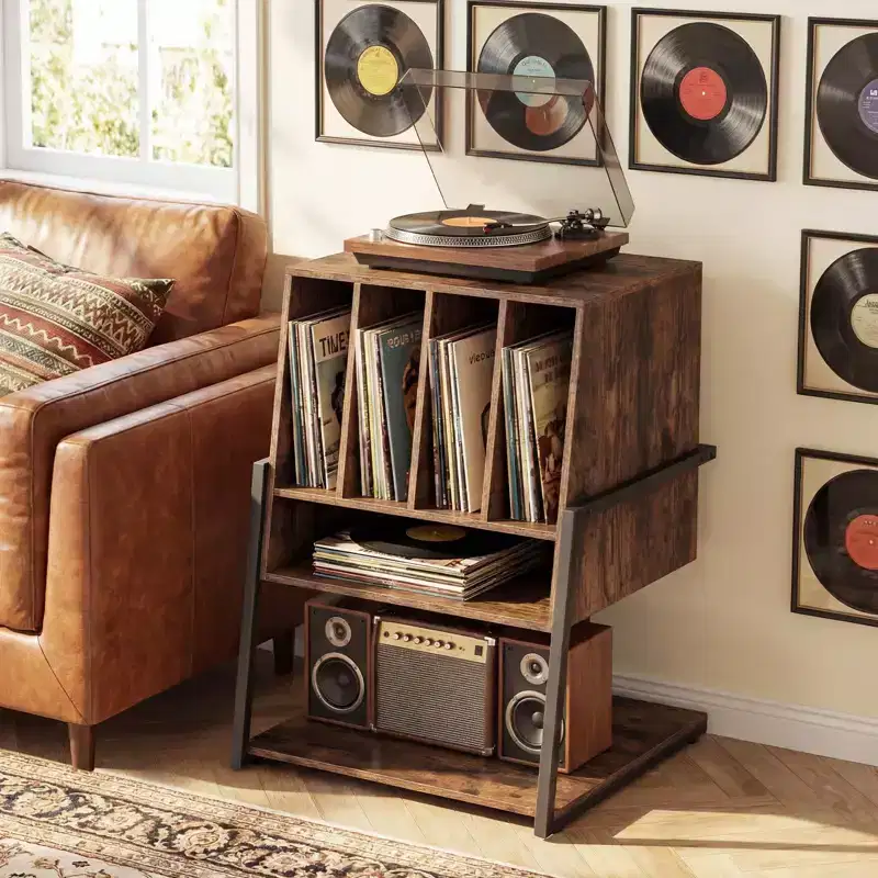 Costway Record Player Stand with Charging Station, Vinyl Record Storage Organizer Brown Rustic Brown/Black