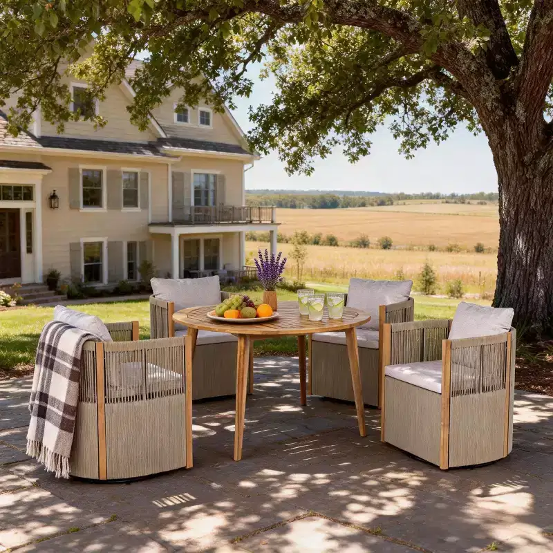 Christopher Knight Home Oliver Outdoor Patio 5-Piece Acacia Wood and Rope Swivel Dining Set with Cushions, Table and 4 Chairs