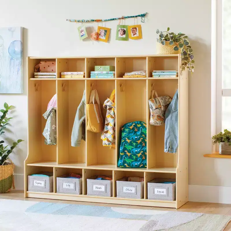 5-Section Wooden Storage Locker with Bench Seat for Classroom, Kids Cubby Organizer with Shelves and Hooks for Coats