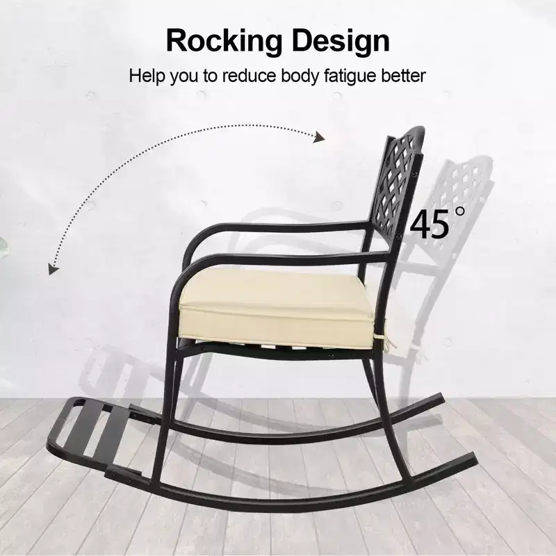 Karl Home | Black Iron Rocking Chair with Mesh Backrest and Off-White Cushion