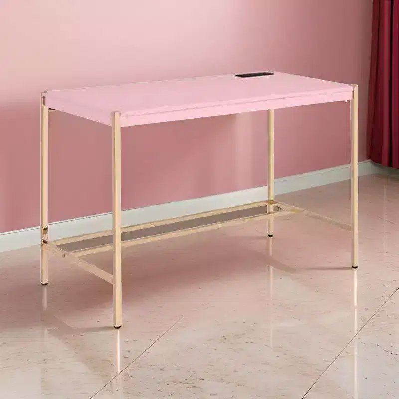 Writing Desk with USB Dock and Metal Legs, Pink and Rose Gold