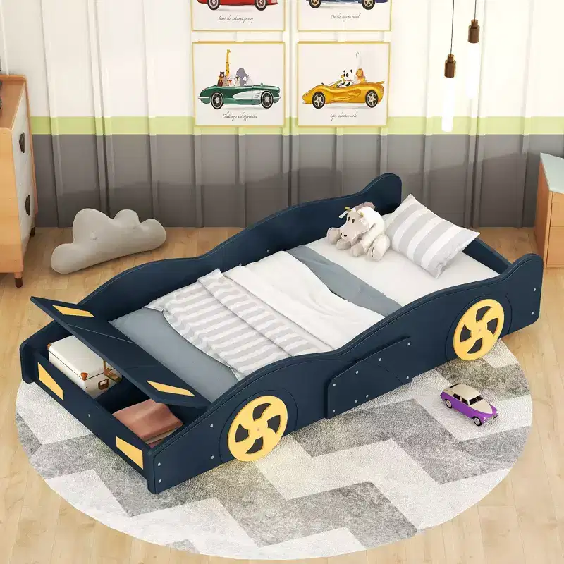 Whisen Race Car-Shaped Platform Bed with Wheels and Storage