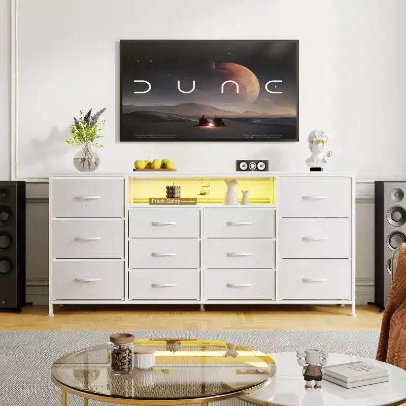 12-Drawer Dresser with Charging Station & LED Lights, Fabric Chest of Drawers with Sturdy Metal Frame