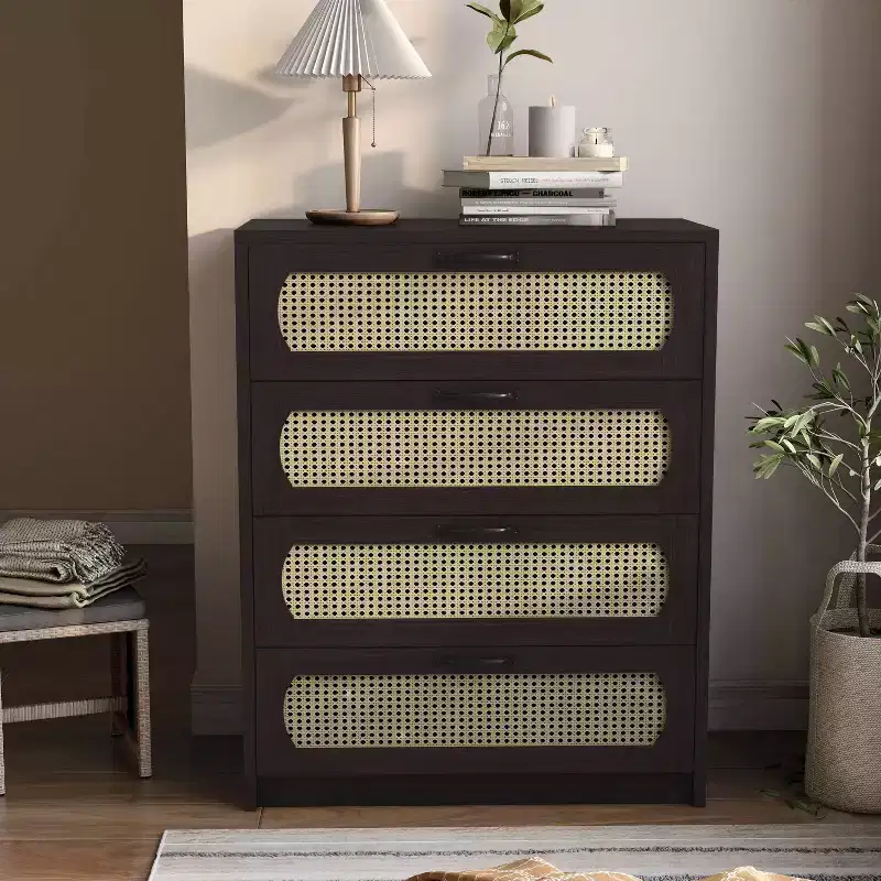 Transitional Faux Rattan Webbed 4-Drawer Chest, Espresso