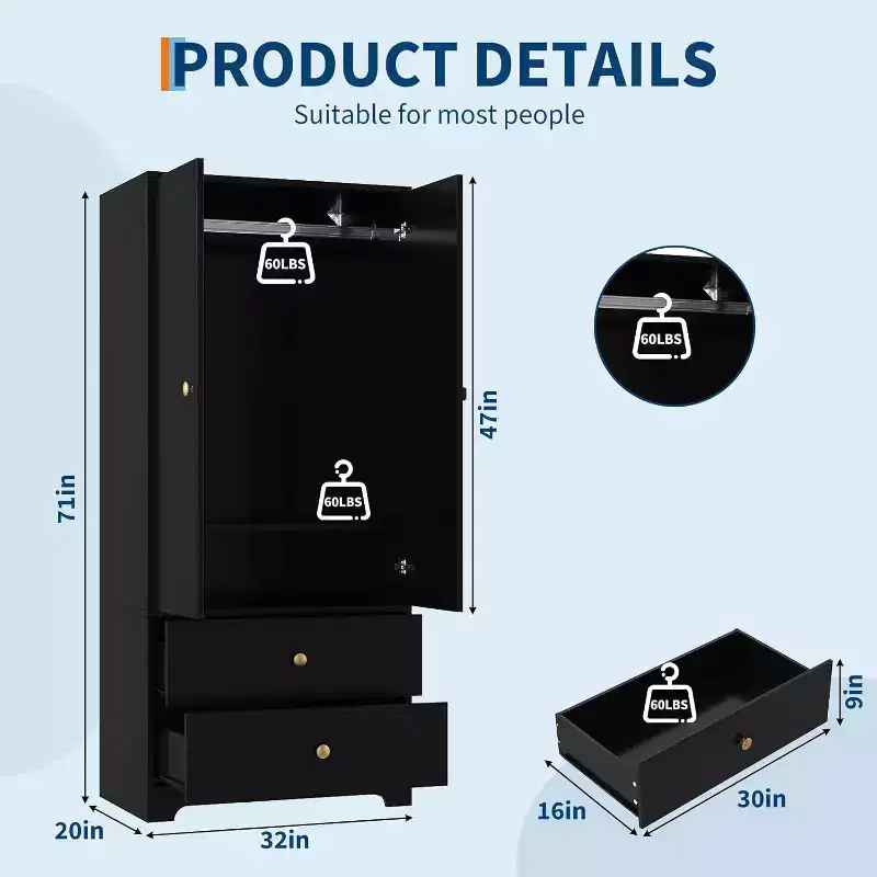 2-Door Wardrobe Storage Cabinet, Flat Panel MDF Sideboard Buffet Cabinet for Bedroom, Dining Room and Home