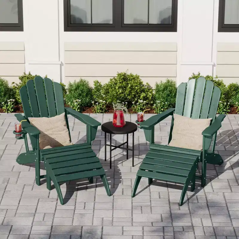 WestinTrends Highland 4-Piece Outdoor Patio HDPE Adirondack Chairs With Ottomans and Cup Holder Set, Dark Green
