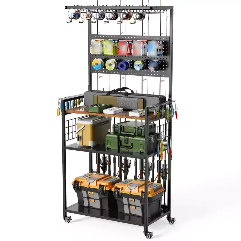 Fishing Rod Holders for Garage, Rolling Fishing Pole Organizer Cart with Pegboard, Fishing Gear Storage Stand Hold up to 12 Rods, Reels, Tackle Boxes