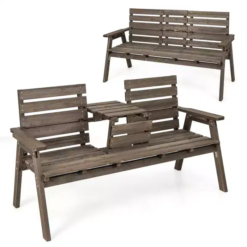 Costway Outdoor Fir Wood Bench w/ Foldable Middle Table w/ Backrest & Armrests