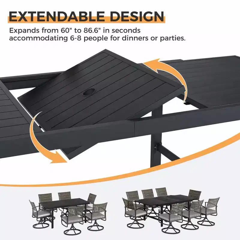 HAPPATIO Outdoor Expandable Dining Table, Aluminum Patio Dining Table for 4-8 Person, Powder-Coated Rectangular Table with Umbrella Hole