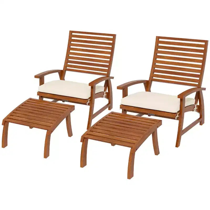 4 Piece Patio Furniture Set, 2 Chairs with Cushions & Ottomans, Slatted Acacia Wood