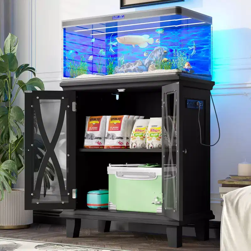 Farmhouse Wood Aquarium Stand with Power Outlets and Adjustable Shelves