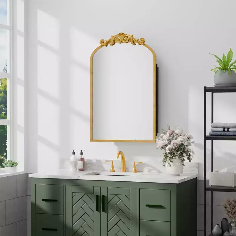 19.5 x 29.64 Inch Gold Arch Wrought Iron Framed Medicine Cabinet With Mirror Carved Mirror Cabinet For Bathroom