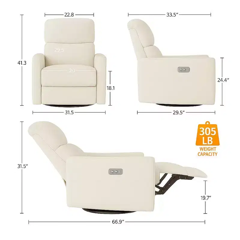 Power Swivel Glider Recliner Chair, Linen, Electric Rocker with USB Port, Lumbar Support, for Living Room, Bedroom, Nursery