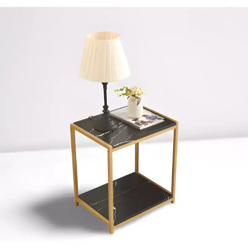2-Tier Faux Marble Side End Table Gold Metal Frame Nightstand Bedroom Living Room