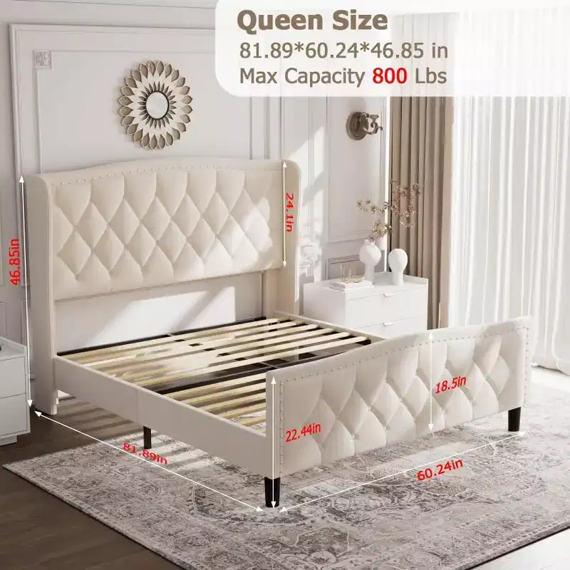 Queen-size bed frame, velvet upholstered bed, with winged headboard, slatted wooden support, no spring mattress required, easy to assemble.