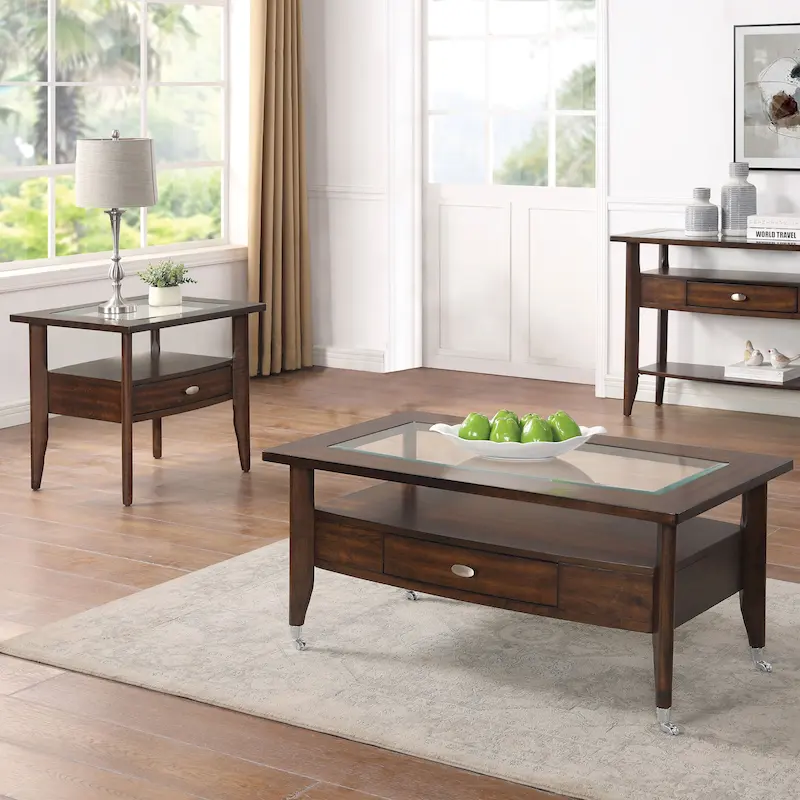 Traditional Walnut Glass 2-Piece Coffee Table with Drawer