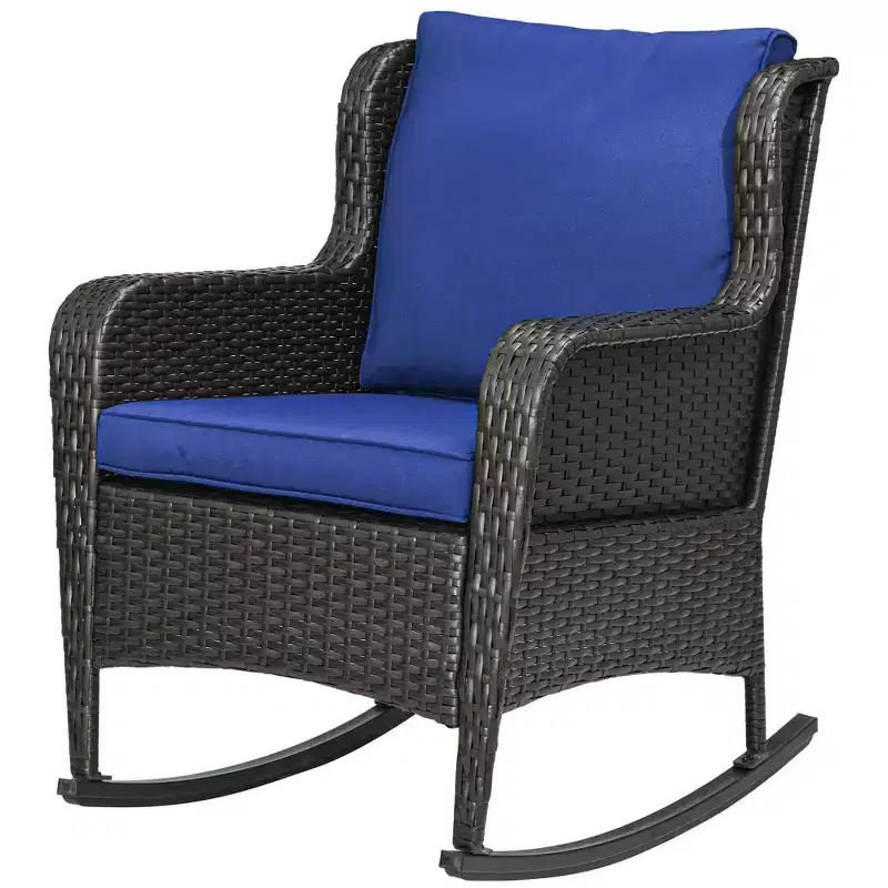 Outdoor Wicker Rocking Chair, Rattan Rocker with Cushions, Steel Frame for Patio, Garden