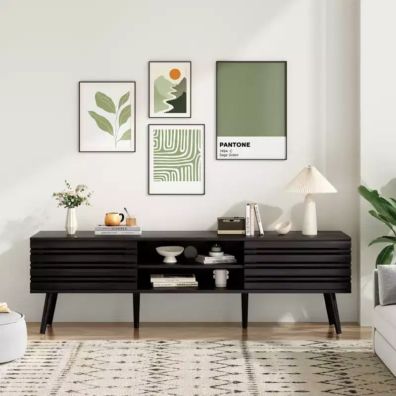 Mid Century Modern TV Stands for up to 70 TV with Storage, Fluted Wood TV Stand for Living Room, Boho Media Console,Dark Walnut