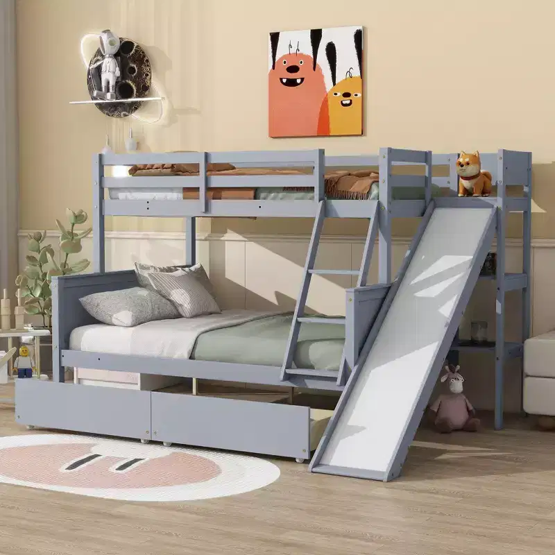 Twin over Full Bunk Bed with 2 Drawers, Shelves, Slide, Ladder, Safety Guardrails and Rubber Wood Frame, White/Grey-ModernLuxe
