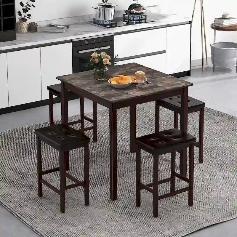 Costway 5 PCS Bar Table Set Square Dining Table & 4 PVC Leather