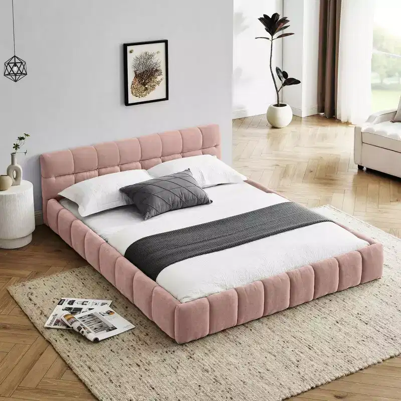 Queen Size Upholstered Bed Frame with Thick Fabric & Headboard, Solid Frame for Bedroom, Pink
