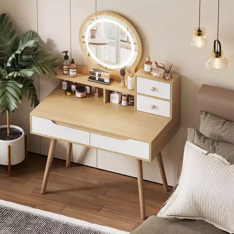 Okak Modern Makeup Vanity with Solid Wood Legs, Vanity Desk with 4 Drawers and 3 Open Shelves, Makeup Desk with Mirror for Small Space, White+Oak