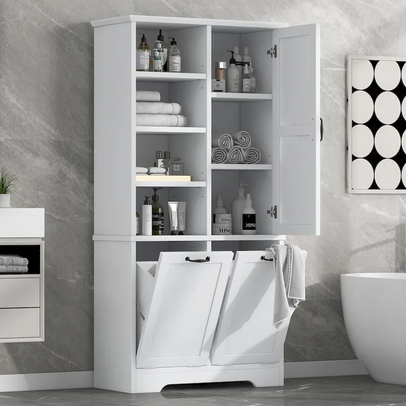 Bathroom Storage Cabinet with Drawers, Tilt-Out Laundry Hamper, Multiple Storage Space, Open Shelve, Adjustable Shelf